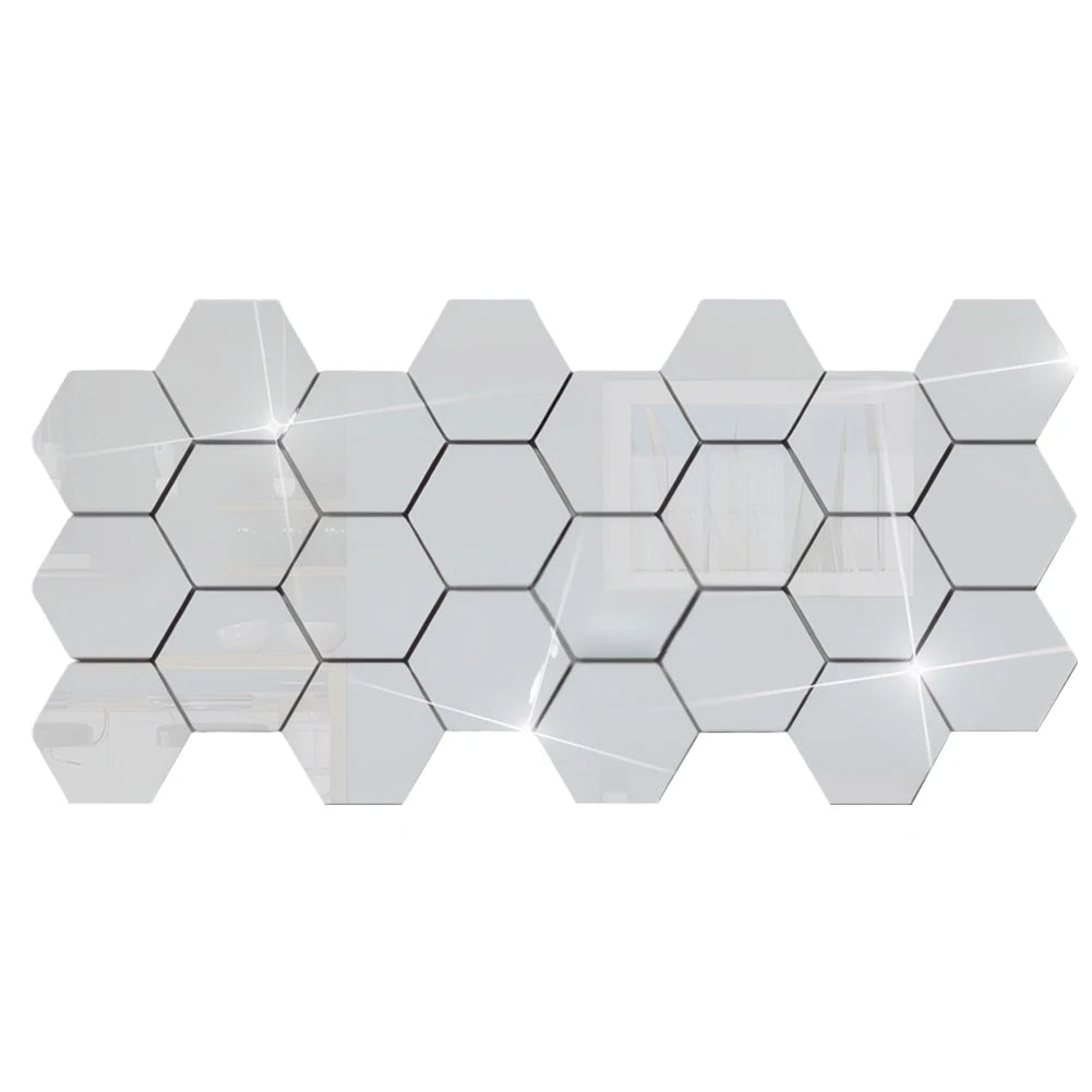 HEXAGONAL ACRYLIC MIRROR WALL STICKER(12 Pieces) MINI MIRROR SOLID PASTER SELF-ADHESIVE GOLD SILVER DECALS HOME BEDROOM ART DECORATION