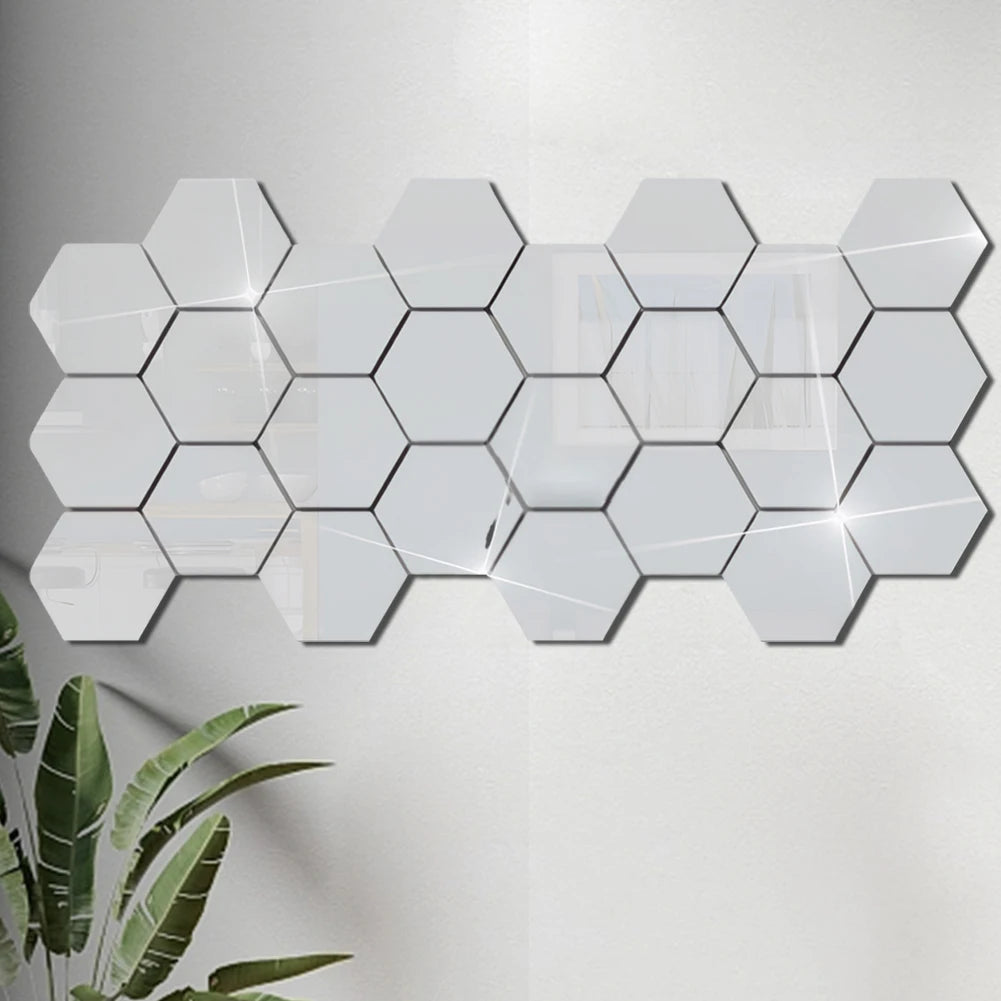 HEXAGONAL ACRYLIC MIRROR WALL STICKER(12 Pieces) MINI MIRROR SOLID PASTER SELF-ADHESIVE GOLD SILVER DECALS HOME BEDROOM ART DECORATION