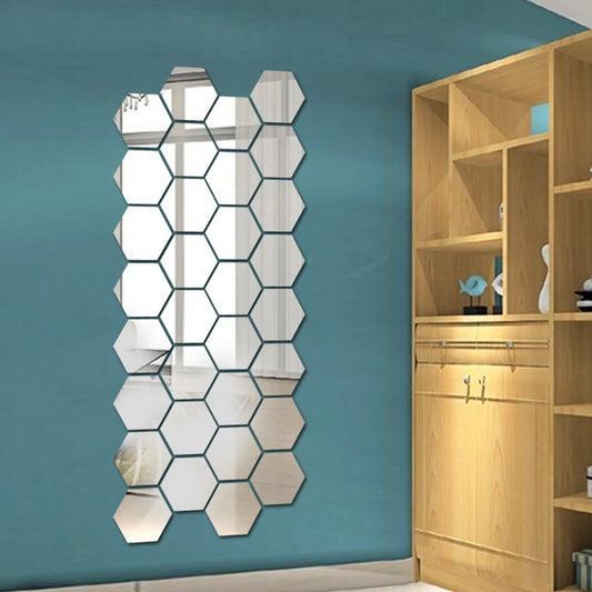 HEXAGONAL ACRYLIC MIRROR WALL STICKER(12 Pieces) MINI MIRROR SOLID PASTER SELF-ADHESIVE GOLD SILVER DECALS HOME BEDROOM ART DECORATION
