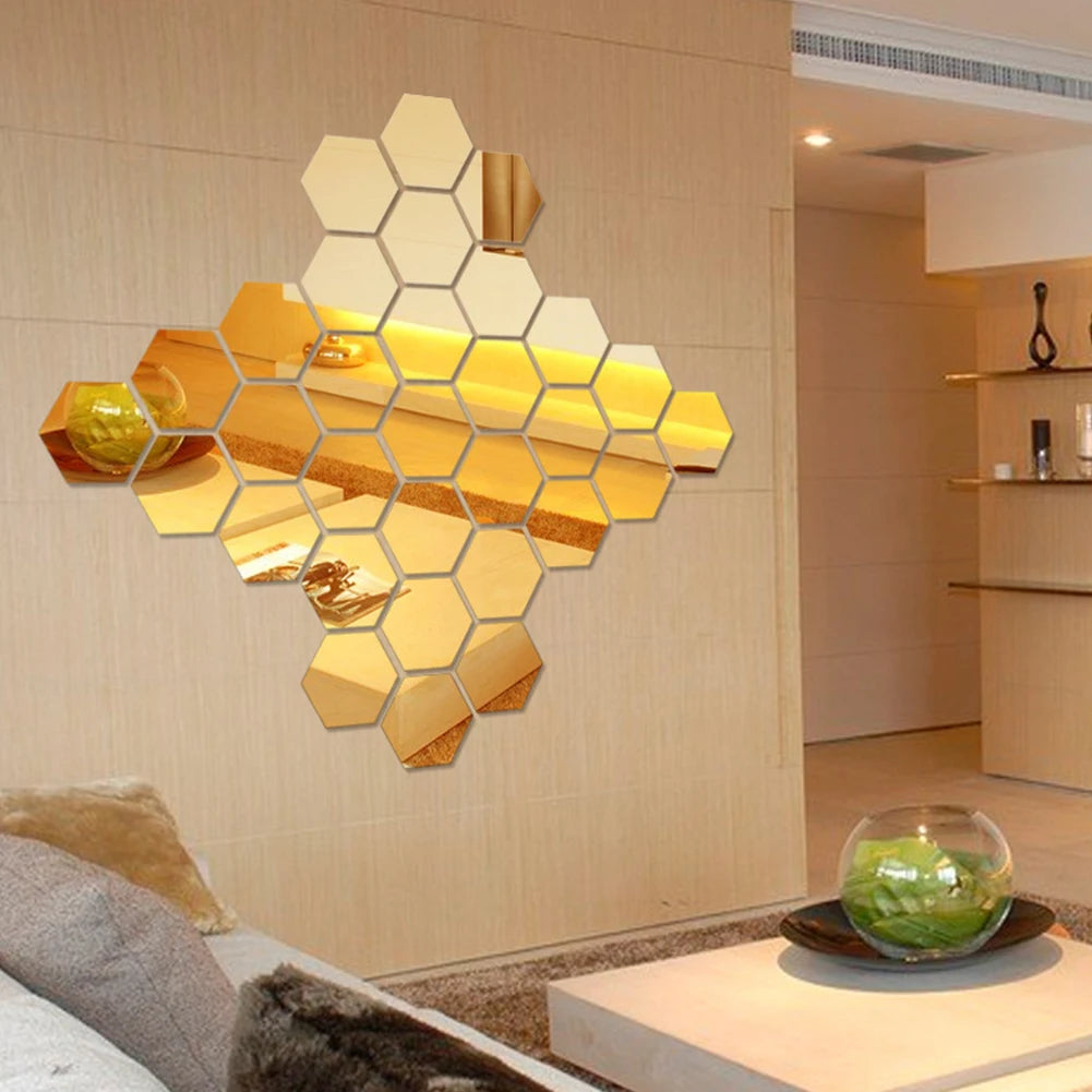 HEXAGONAL ACRYLIC MIRROR WALL STICKER(12 Pieces) MINI MIRROR SOLID PASTER SELF-ADHESIVE GOLD SILVER DECALS HOME BEDROOM ART DECORATION